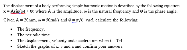 Solved The Displacement Of A Body Performing Simple Harmonic | Chegg.com