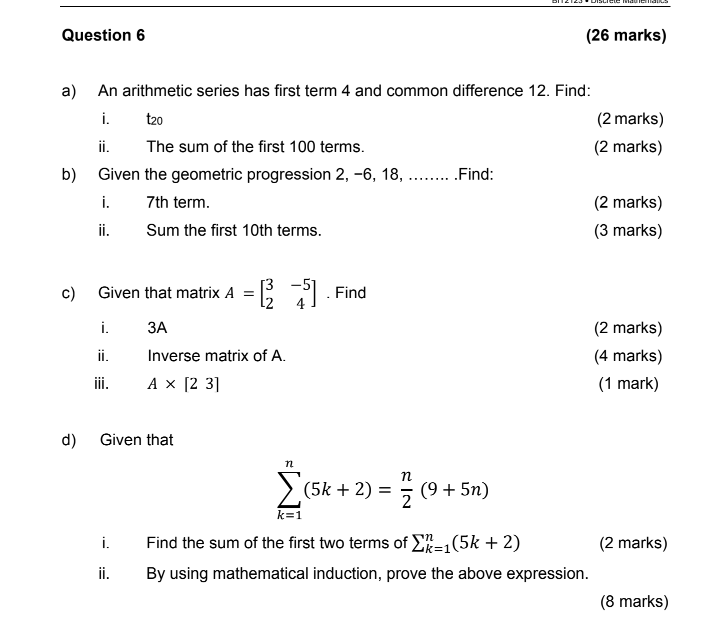Solved c) Question 6 a) An arithmetic series has first term | Chegg.com