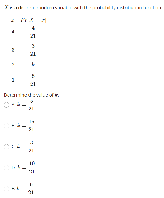 \( X \) is a discrete random variable with the probability distribution function:
Determine the value of \( k \).
A. \( k=\fr