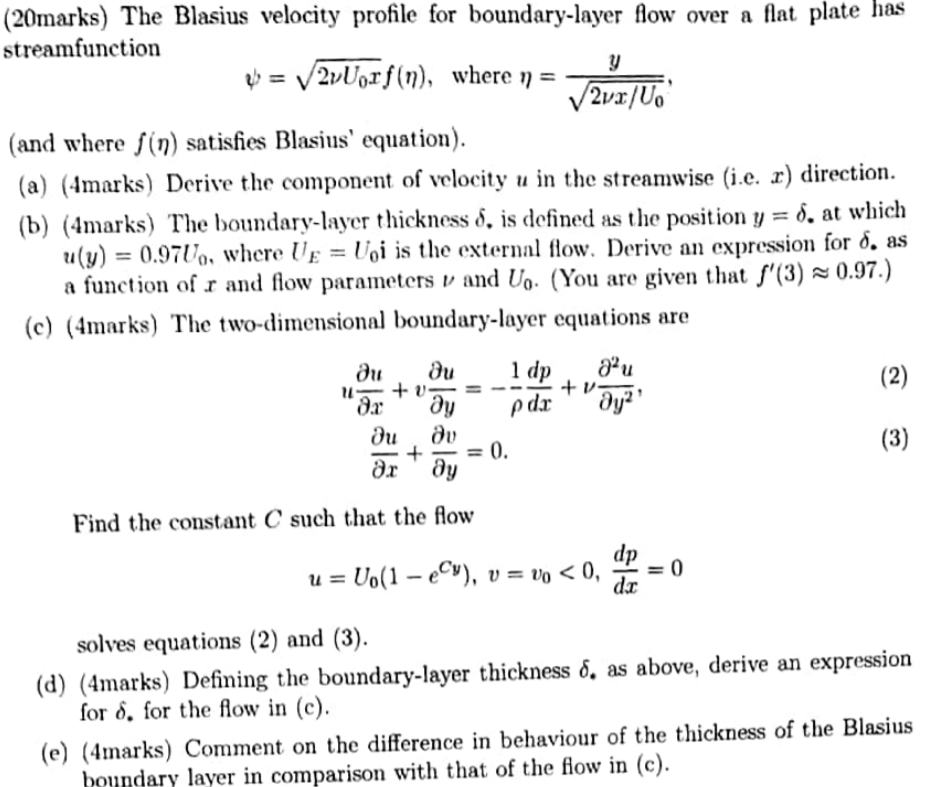 y (20marks) The Blasius velocity profile for | Chegg.com