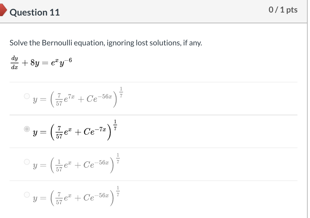 Solved Question 11 0 / 1 pts Solve the Bernoulli equation, | Chegg.com