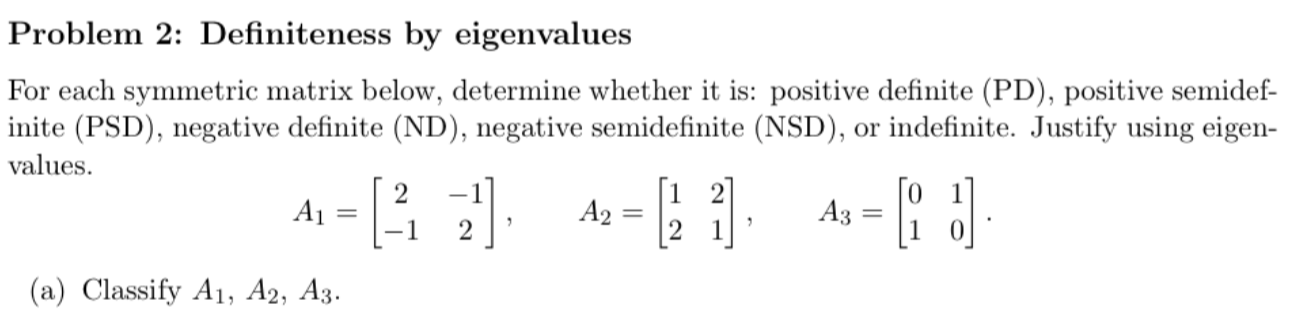 Solved Problem 2: Definiteness by ﻿eigenvaluesFor each | Chegg.com