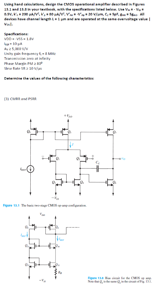 Using hand calculations, design the CMOS operational | Chegg.com