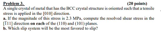 Solved Problem 3. (20 points) A single crystal of metal that | Chegg.com