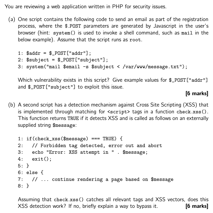 Solved You are reviewing a web application written in PHP | Chegg.com