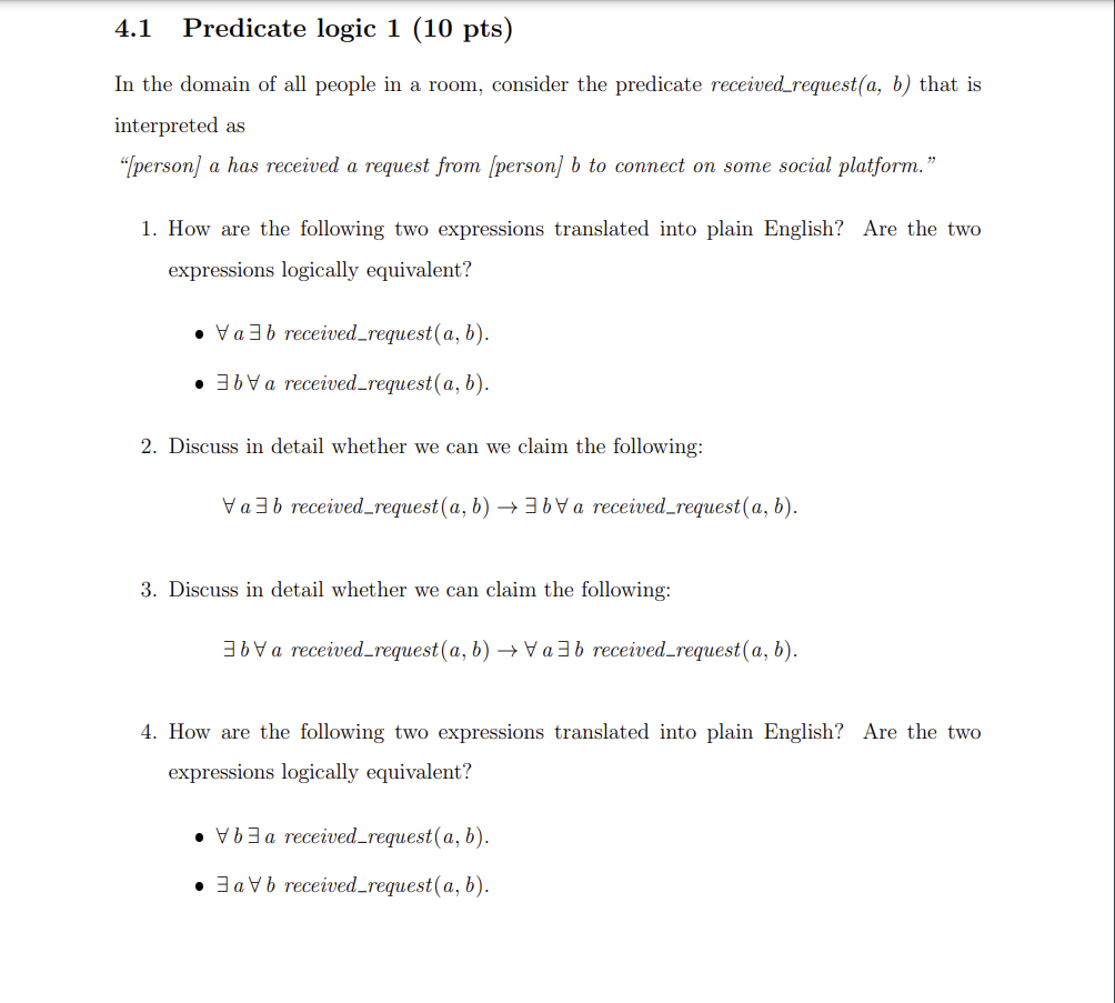 Solved 4.1 Predicate logic 1 (10 pts) In the domain of all | Chegg.com