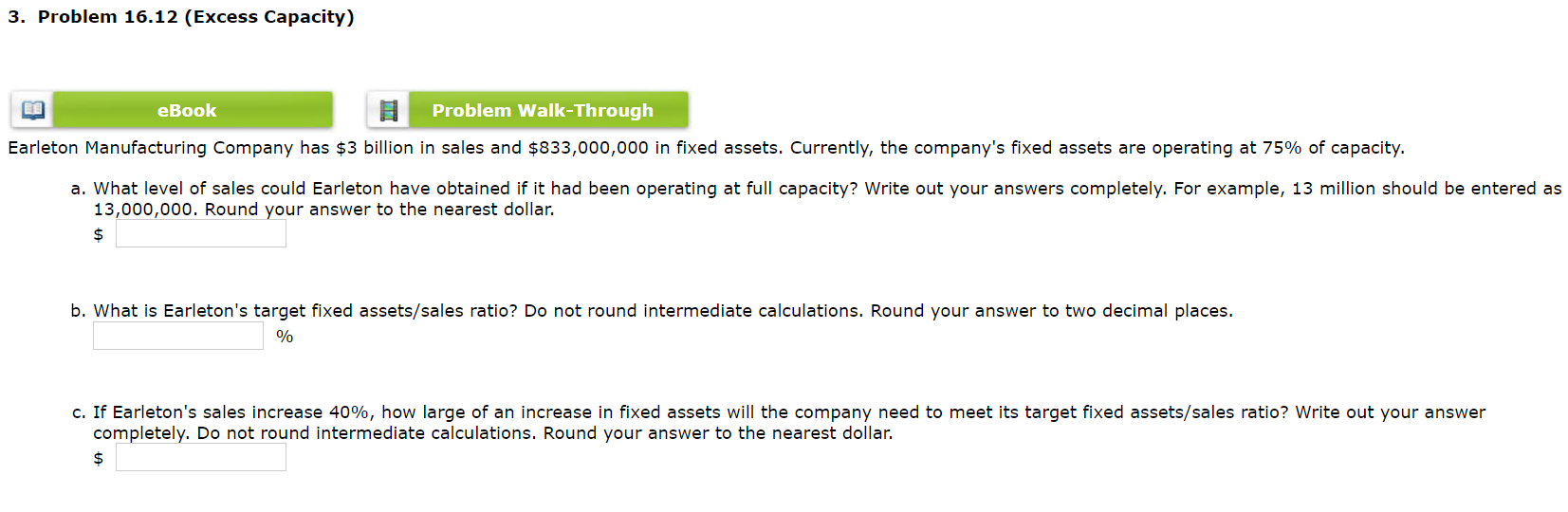 Solved 3. Problem 16.12 (Excess Capacity) EBook Problem | Chegg.com