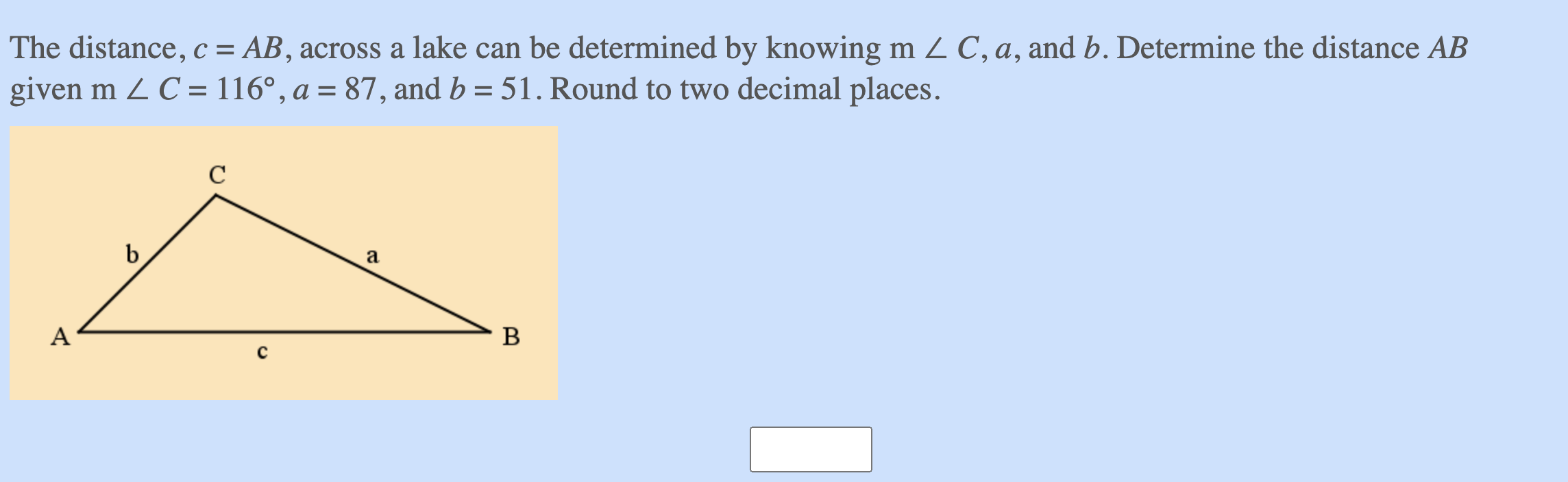 Solved The distance, c=AB, across a lake can be determined | Chegg.com