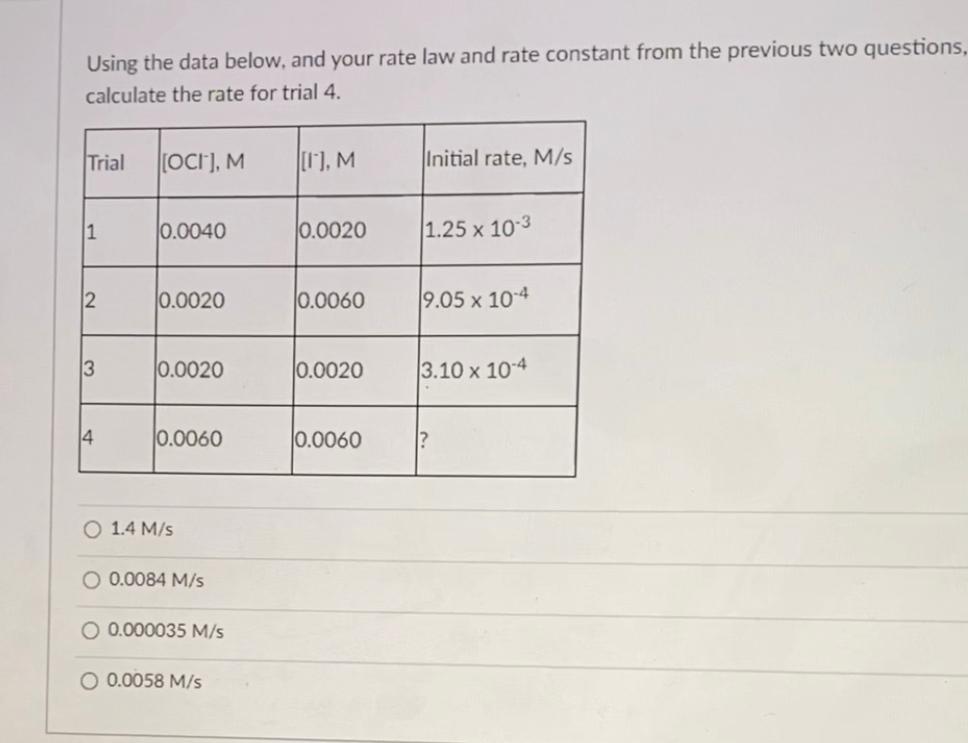 Solved Using the data below, and your rate law and rate | Chegg.com