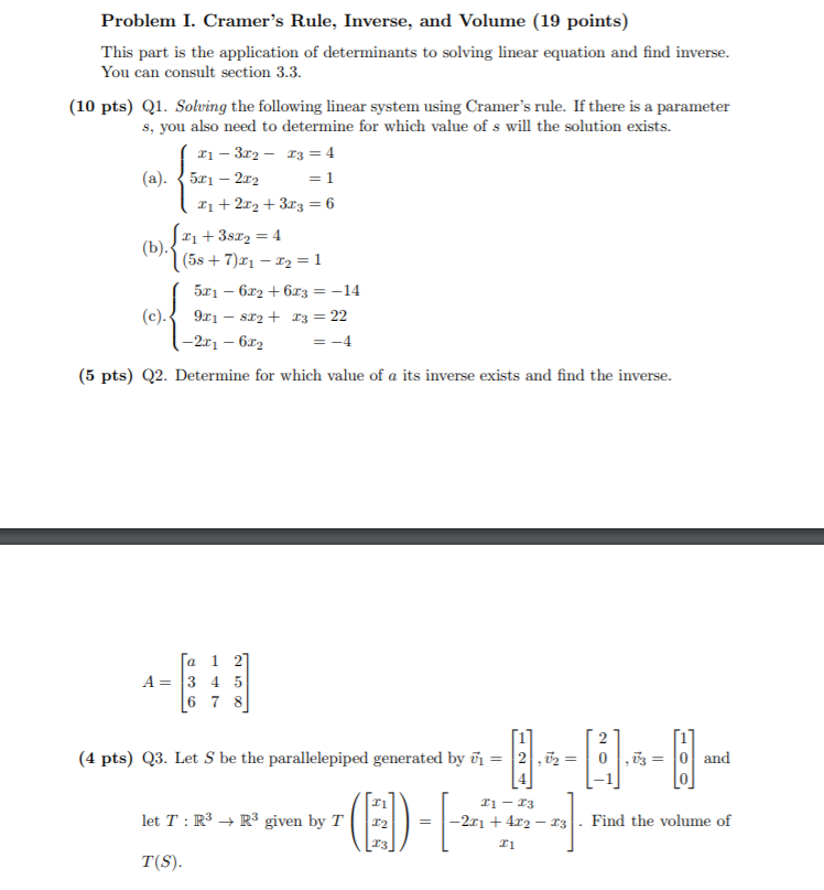Solved Problem I. Cramer's Rule, Inverse, and Volume (19