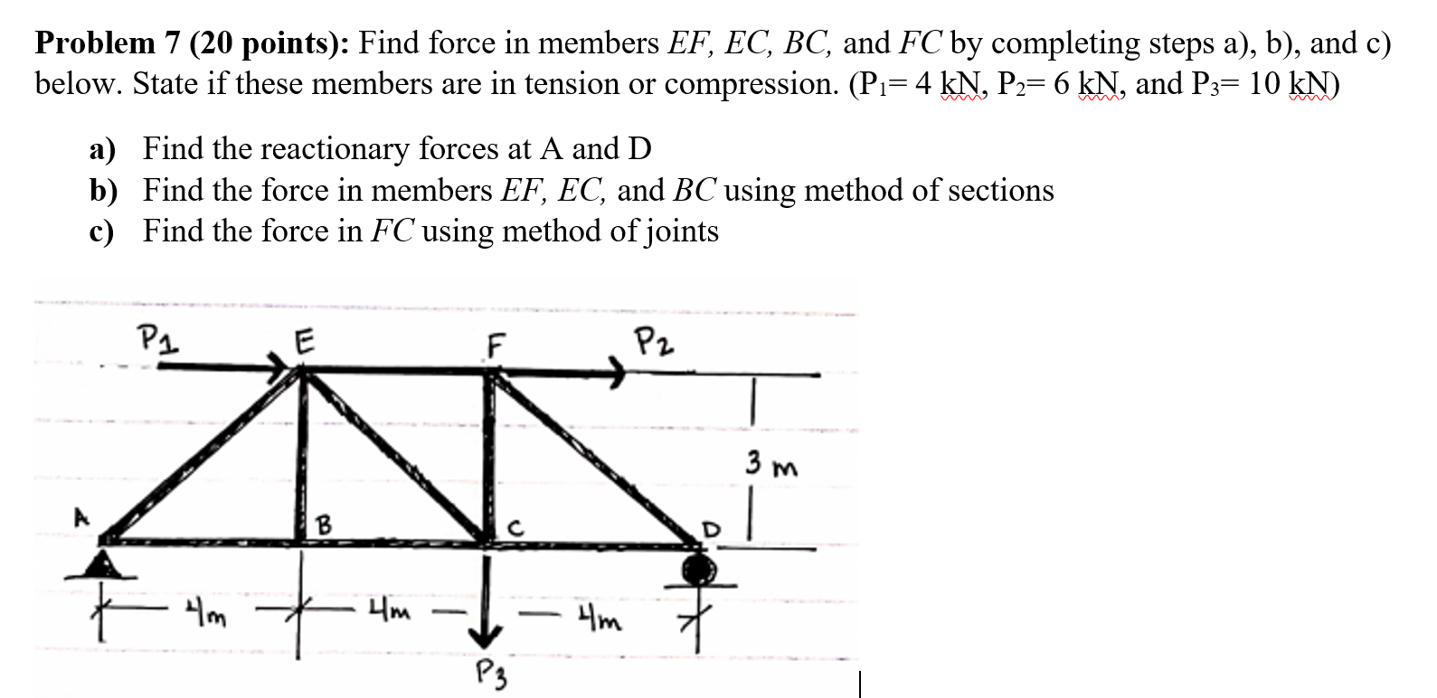 Solved Problem 7 (20 points): Find force in members EF, EC, | Chegg.com