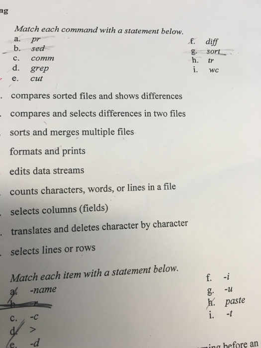 Solved Match each command with a statement below compares | Chegg.com