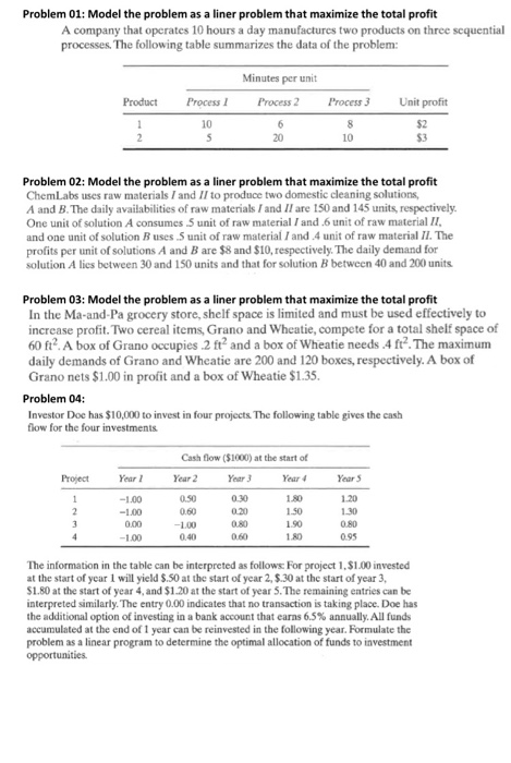 Solved Problem 01: Model the problem as a liner problem that | Chegg.com