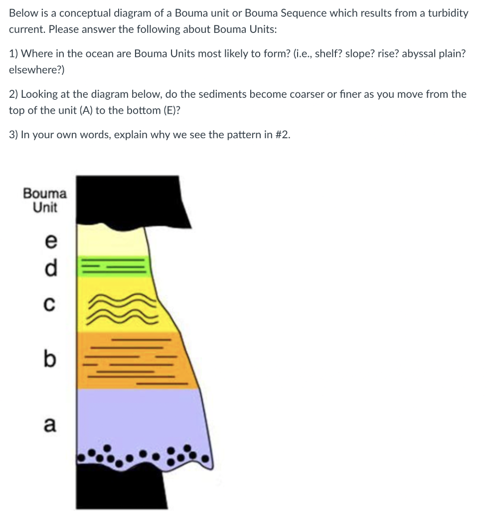 Below is a conceptual diagram of a Bouma unit or Bouma Sequence which results from a turbidity current. Please answer the fol