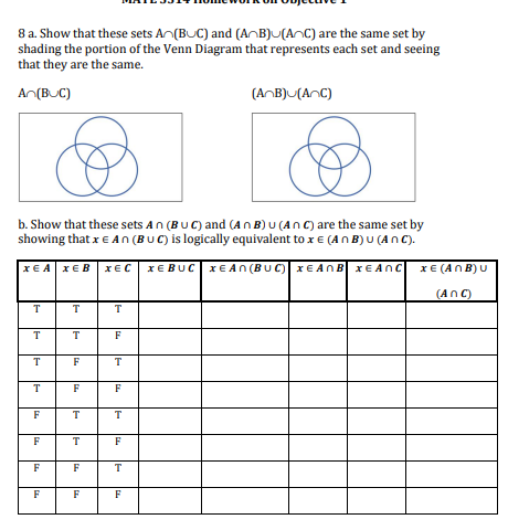 Solved 8 a. Show that these sets A∩(B∪C) and (A∩B)∪(A∩C) are | Chegg.com
