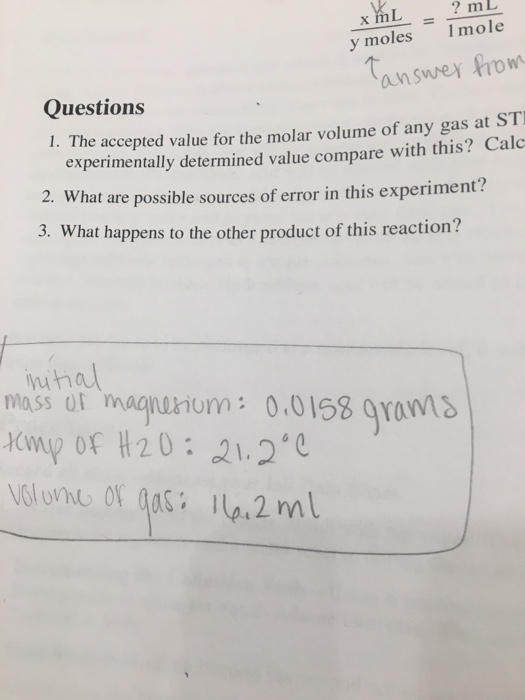 Solved ? mL y moles mole Questions 1. The accepted value for | Chegg.com