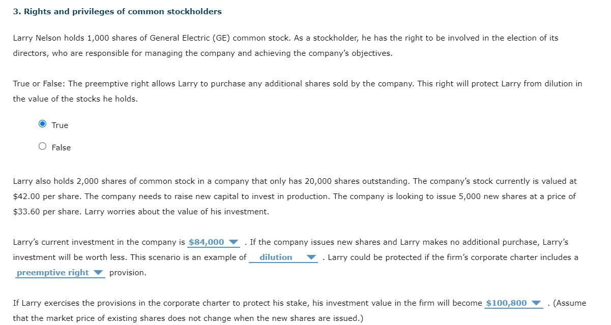 Solved 3. Rights and privileges of common stockholders Larry | Chegg.com