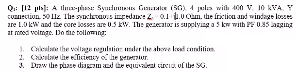 Solved Q1: [12 pts]: A three-phase Synchronous Generator | Chegg.com