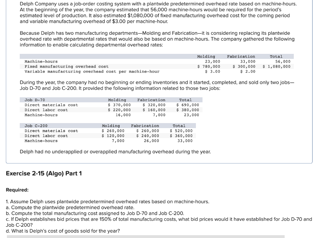 Solved Delph Company uses a joborder costing system with a