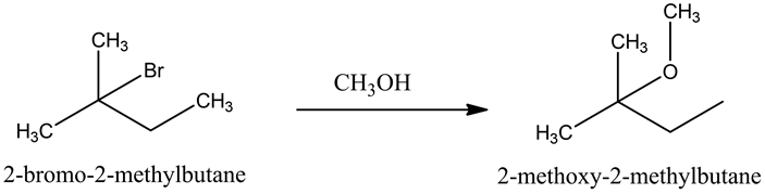 CH3
- CH3
ÇHz
|
Br
CH3OH
CH3
H₂C
H3C
2-bromo-2-methylbutane
2-methoxy-2-methylbutane
