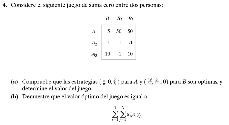 4. Considere el siguiente juego de suma cero entre dos personas: (a) Compruebe que las estrategias \( \left(\frac{1}{6}, 0, \