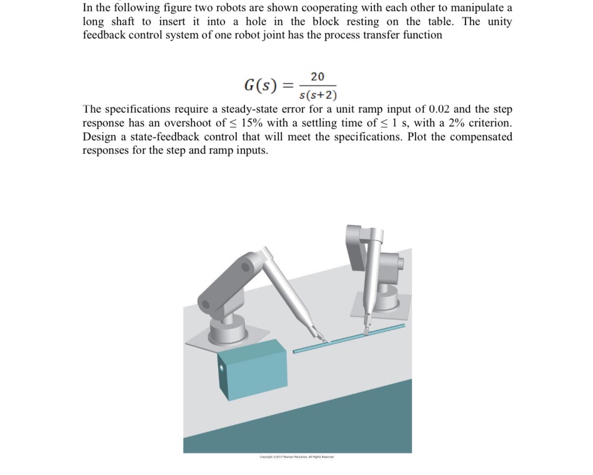 In the following figure two robots are shown cooperating with each other to manipulate a long shaft to insert it into a hole