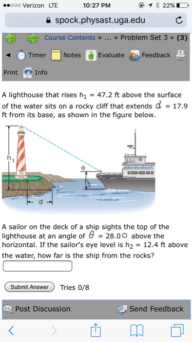 Solved A lighthouse that rises h_1 = 47.2 ft above the | Chegg.com
