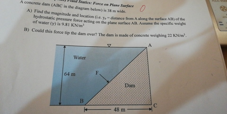 Solved Pluid Statics: Force on Plane Surface A concrete dam | Chegg.com