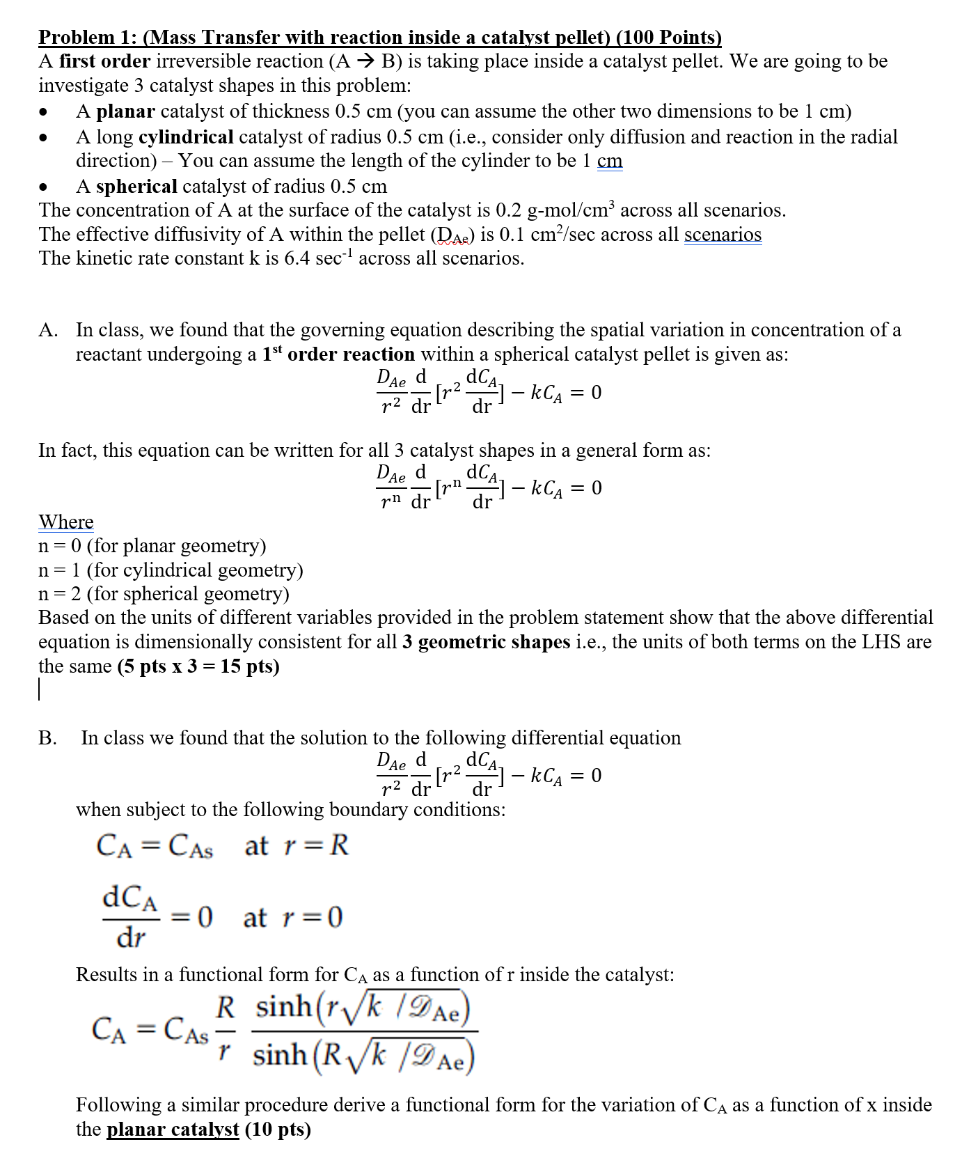 Solved Problem 1: (Mass Transfer with reaction inside a | Chegg.com