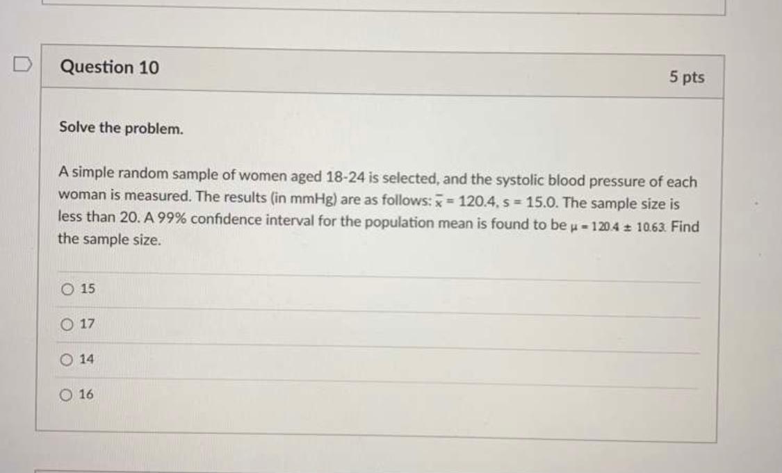 Solved Question 10 5 pts Solve the problem. A simple random | Chegg.com
