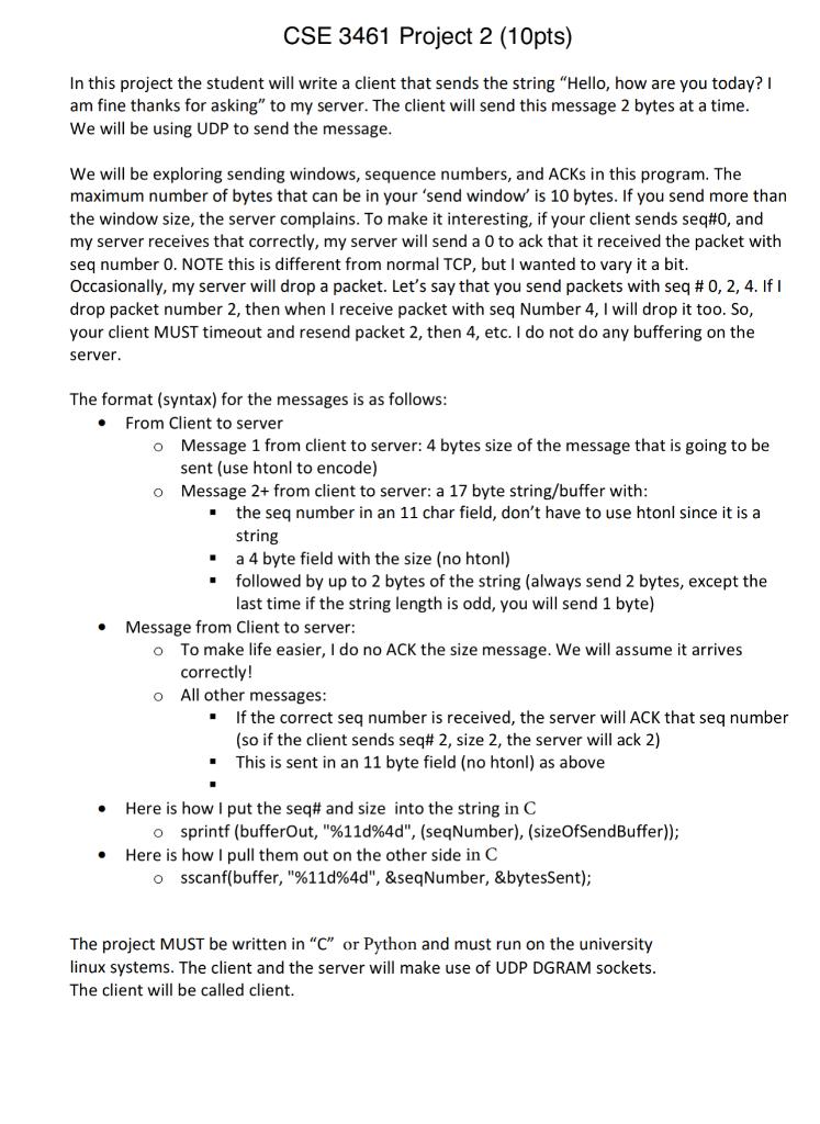 CSE 3461 Project 2 (10pts) In this project the | Chegg.com