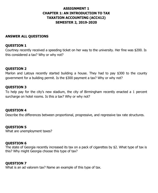 Solved ASSIGNMENT 1 CHAPTER 1: AN INTRODUCTION TO TAX | Chegg.com