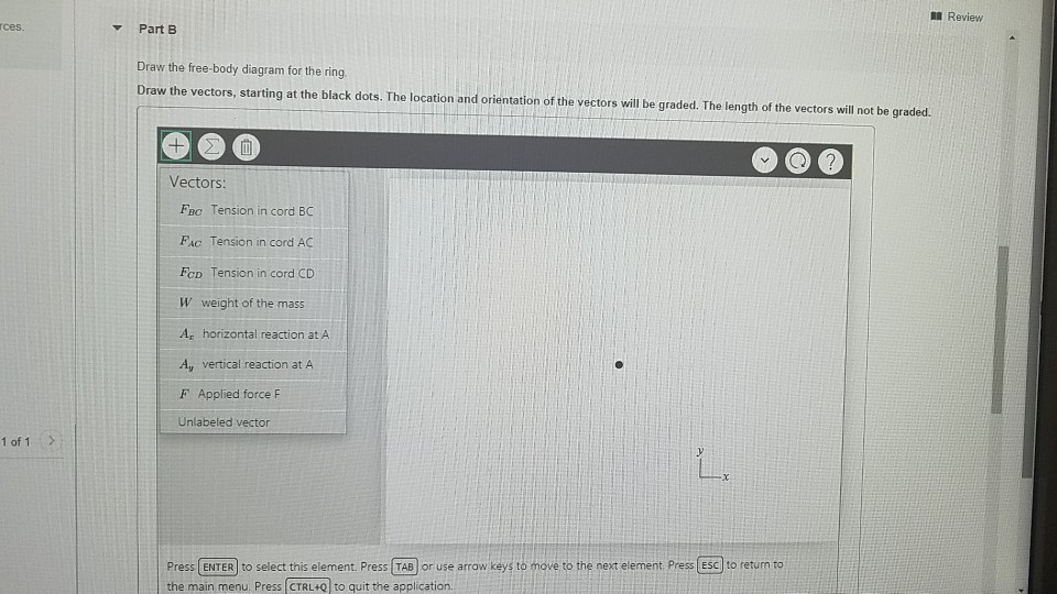 A review rces. part b draw the free-body diagram for the ring draw the vectors, starting at the black dots. the location and