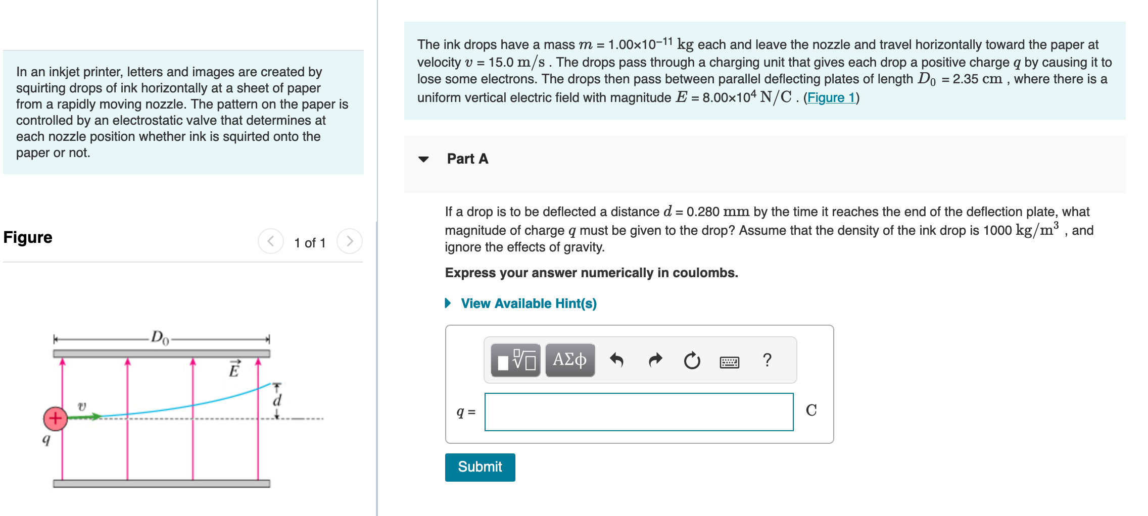 Solved The ink drops have a mass m=1.00×10−11 kg each and | Chegg.com