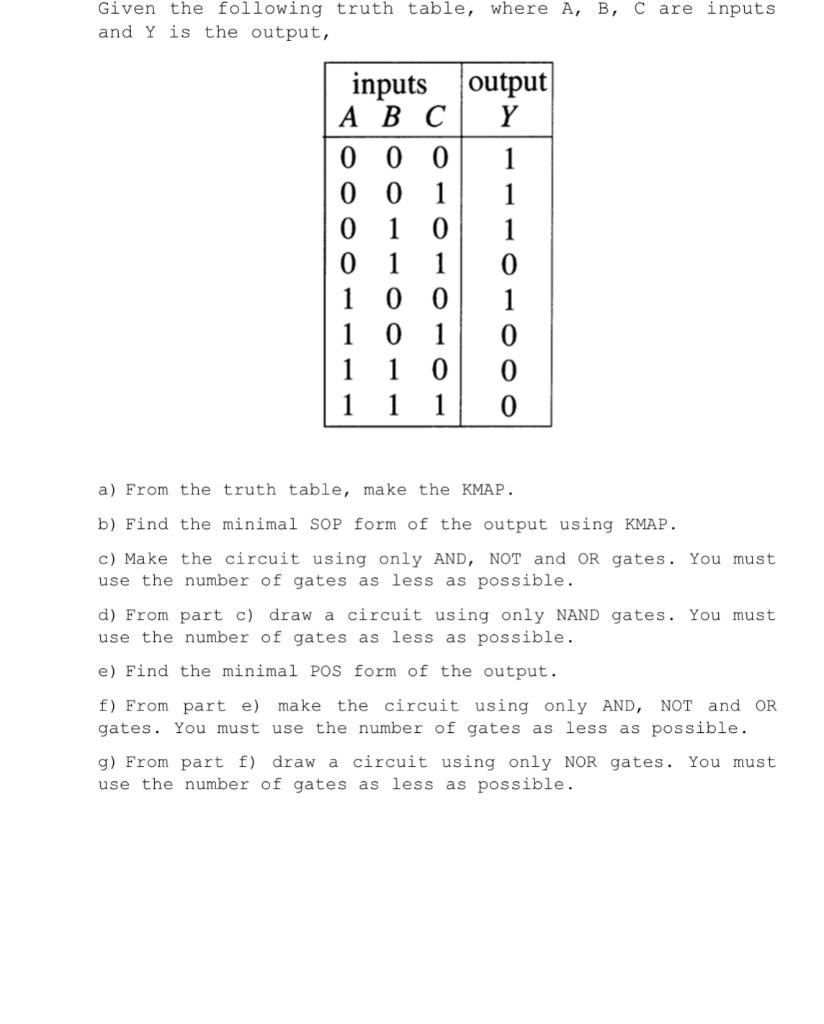 Solved Given the following truth table, where A,B,C are | Chegg.com