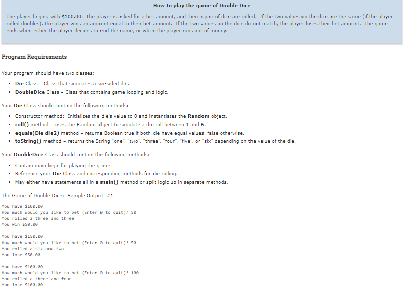 Solved How to play the game of Double Dice The player begins | Chegg.com