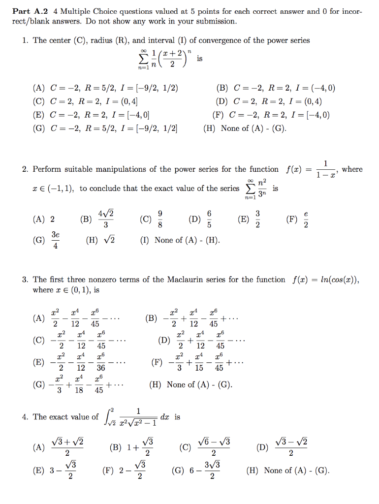Solved Part A.2 4 Multiple Choice questions valued at 5 | Chegg.com