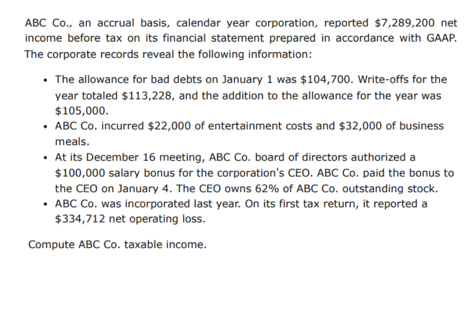 Solved ABC Co., an accrual basis, calendar year corporation,