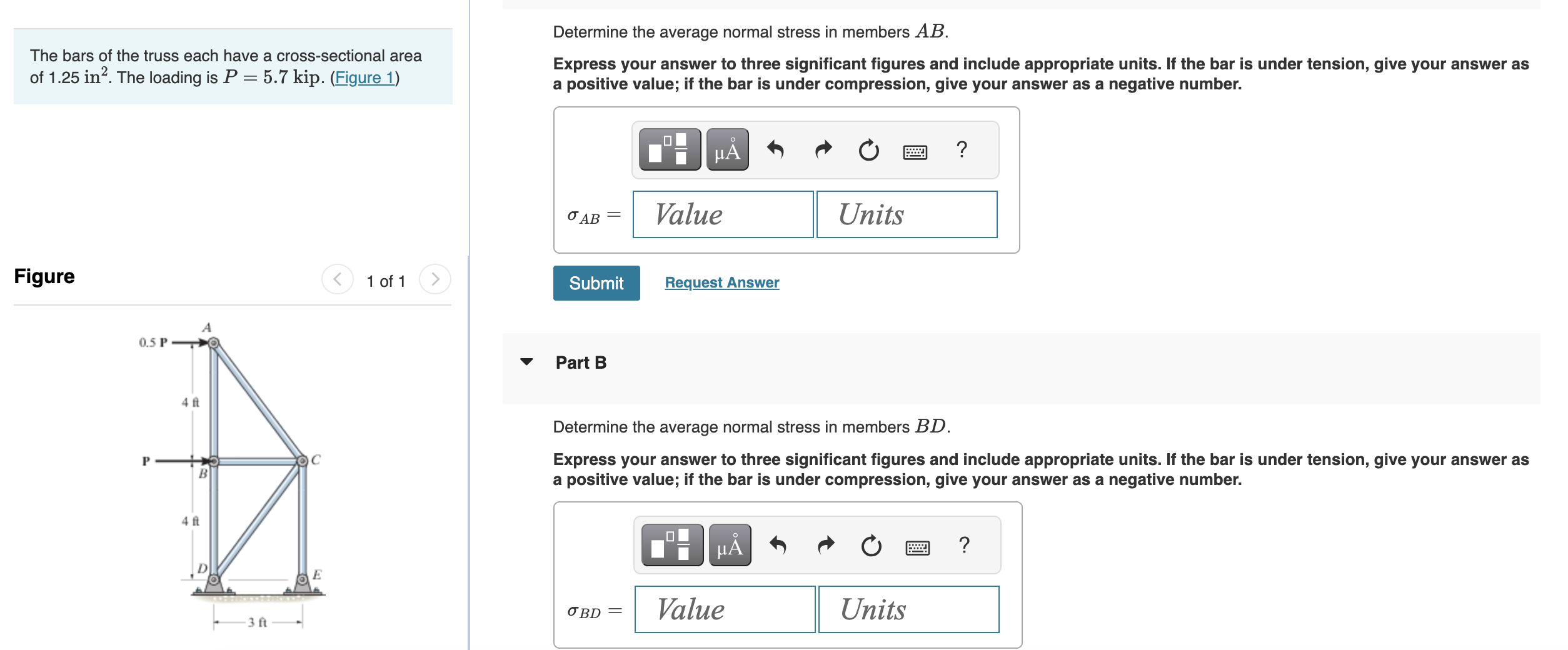 Solved Determine the average normal stress in members CE. | Chegg.com