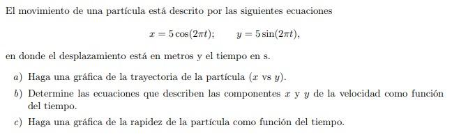 El movimiento de una partícula está descrito por las siguientes ecuaciones \[ x=5 \cos (2 \pi t) ; \quad y=5 \sin (2 \pi t) \