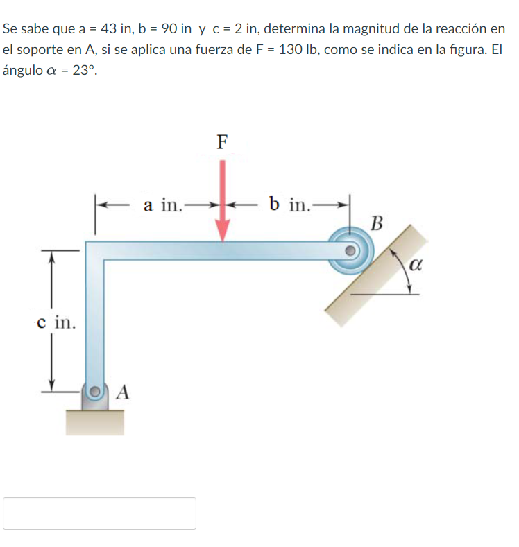 Se sabe que \( a=43 \) in, \( b=90 \) in y \( c=2 \) in, determina la magnitud de la reacción en el soporte en \( \mathrm{A}