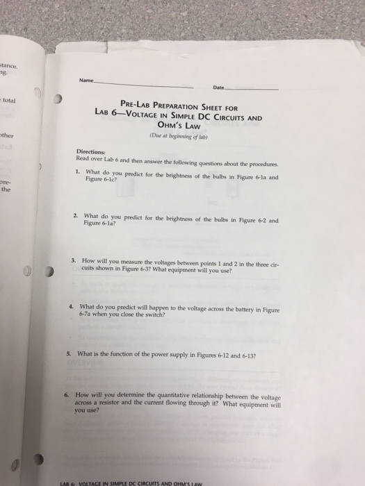 Date Pre Lab Preparation Sheet For Lab 6 Voltage In