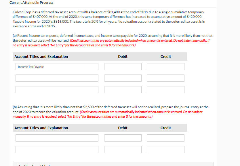 Solved Culver Corp. has a deferred tax asset account with a