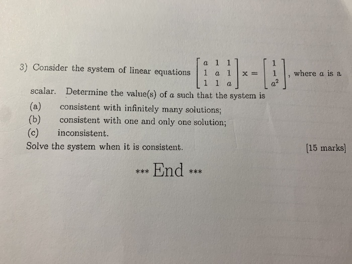 Solved a 1 11 3) Consider the system of linear equations 1 a | Chegg.com