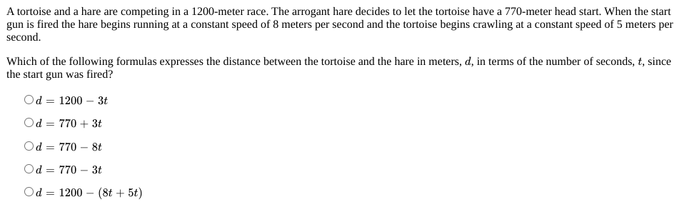 Solved A tortoise and a hare are competing in a 1200-meter | Chegg.com