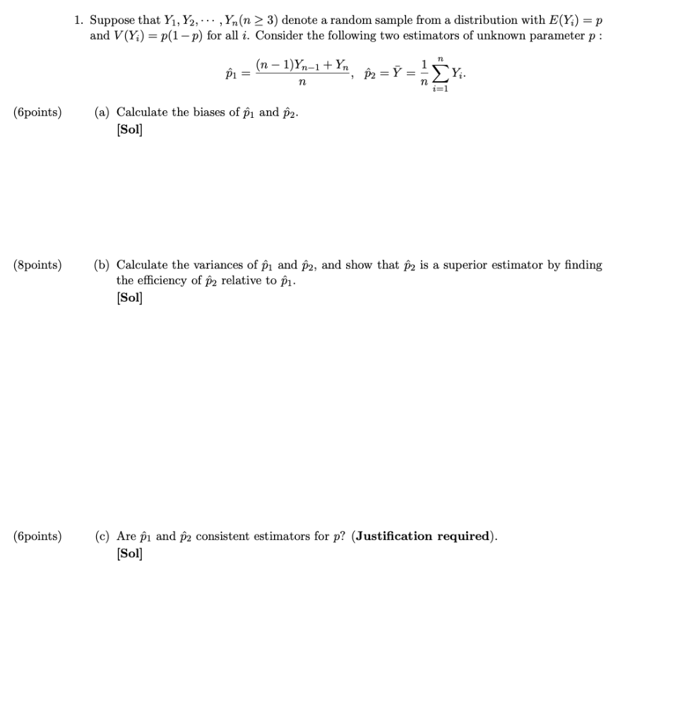 Solved 1. Suppose that Y1, Y2, ,Yn(n > 3) denote a | Chegg.com