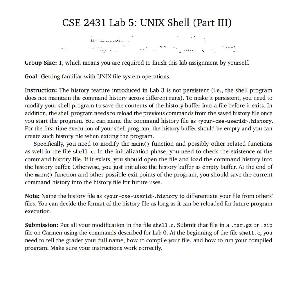 CSE 2431 Lab 5: UNIX Shell (Part III) 11. Melun. | Chegg.com