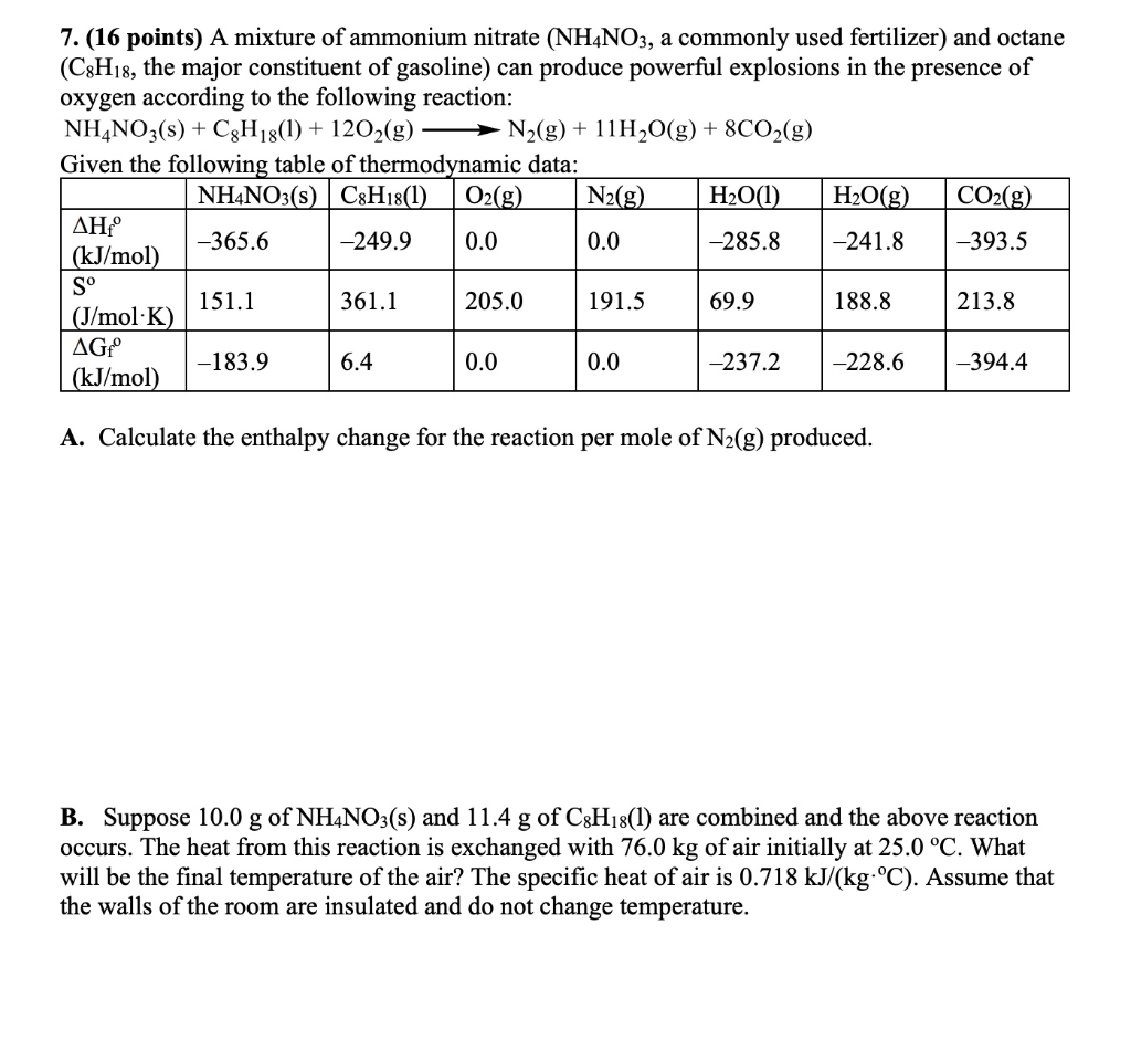 Solved 7 16 Points A Mixture Of Ammonium Nitrate Nh4no3 1078