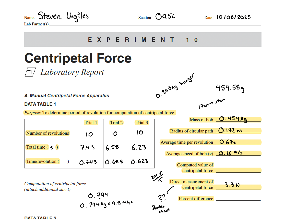 Solved Centripetal Force TI Laboratory Report A. Manual