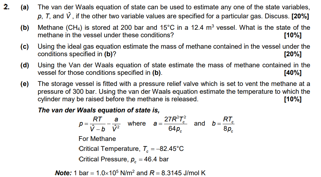 Solved 2. (a) (b) (c) (d) (e) The van der Waals equation of | Chegg.com